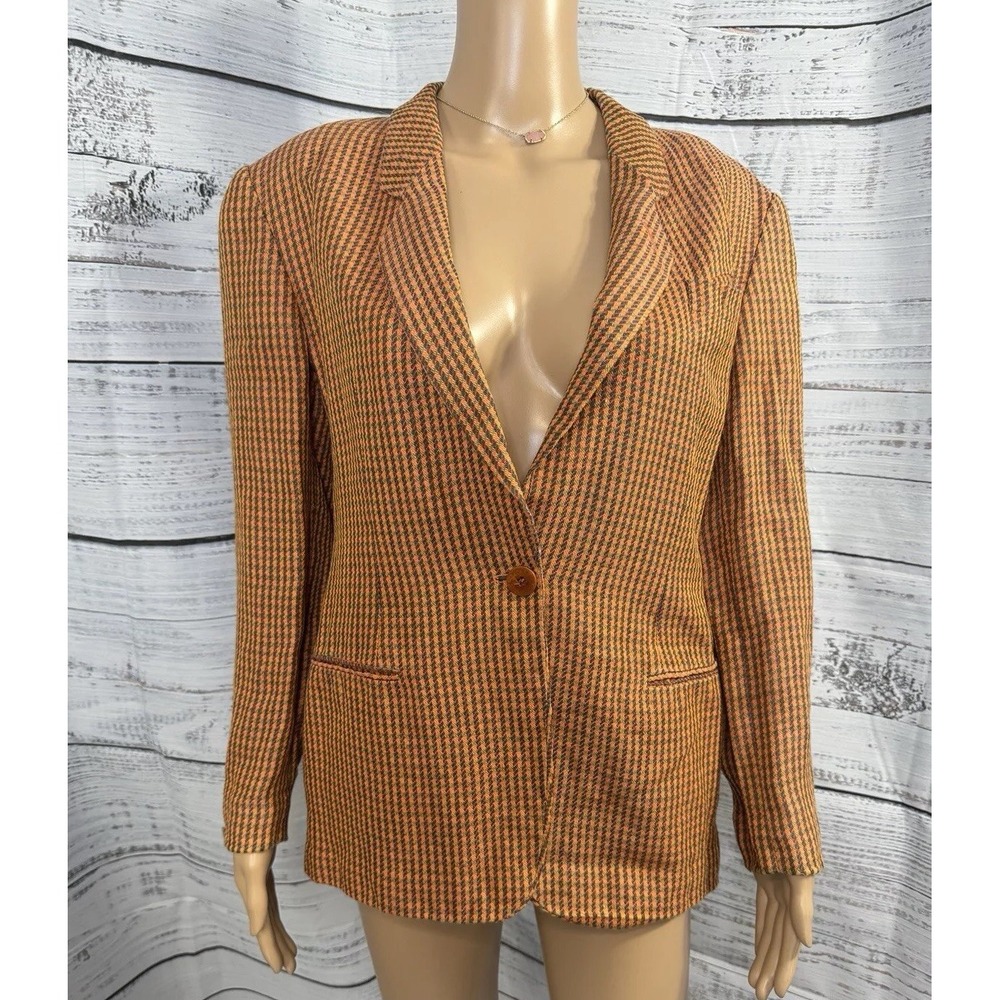 Giorgio Armani Collezioni 100% Linen Blazer Jacket 42‎ IT Italy HOUNDSTOOTH VTG